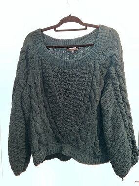 Express Women's Forest Green Cable Knit Scoop Neck Sweater